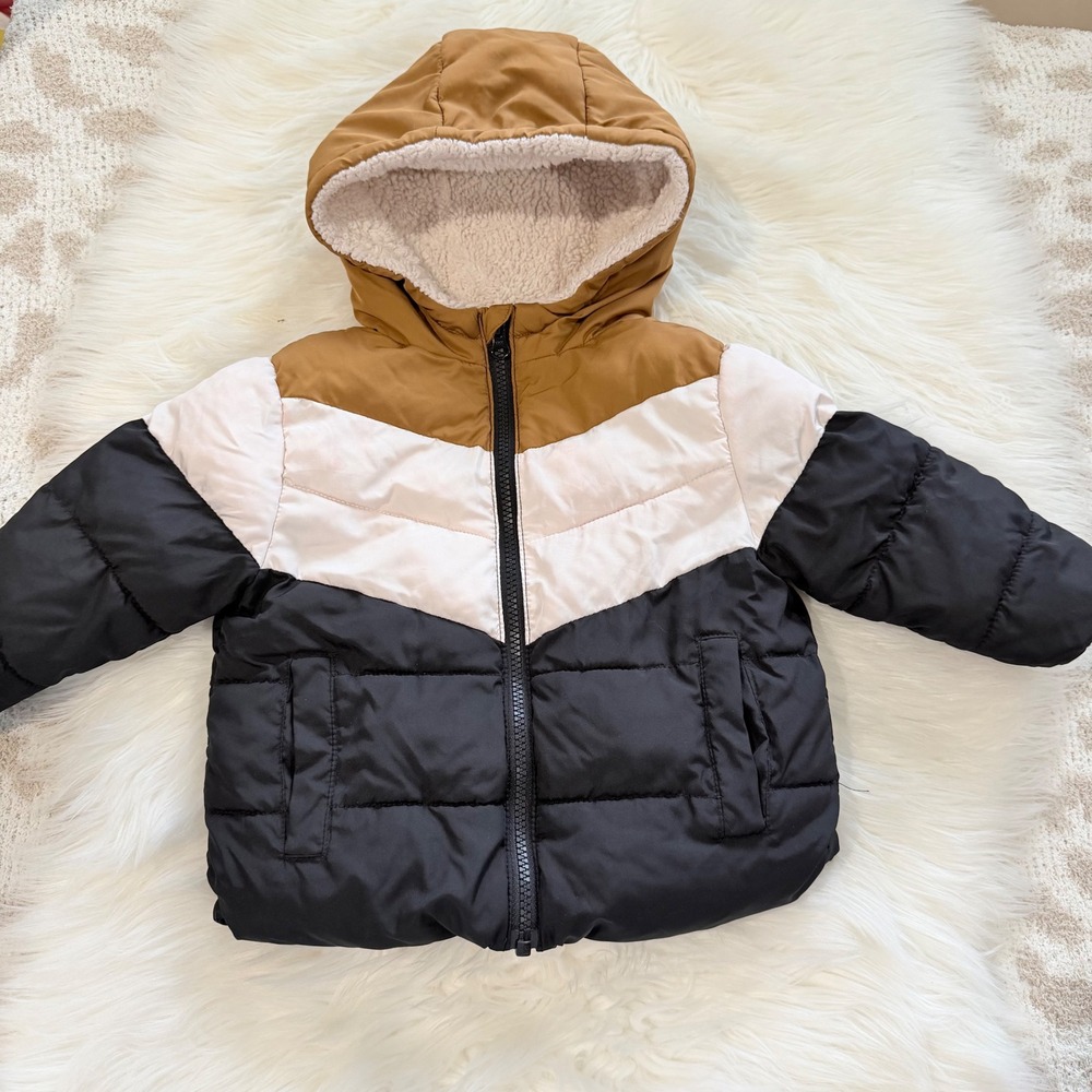 Swiss Tech Puffer Jacket Kids 18M Black Cream Tan Sherpa Lined Hooded Coat